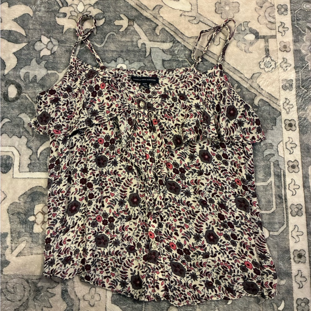 American Eagle Outfitters Burgundy and White Floral Ruffle Tank